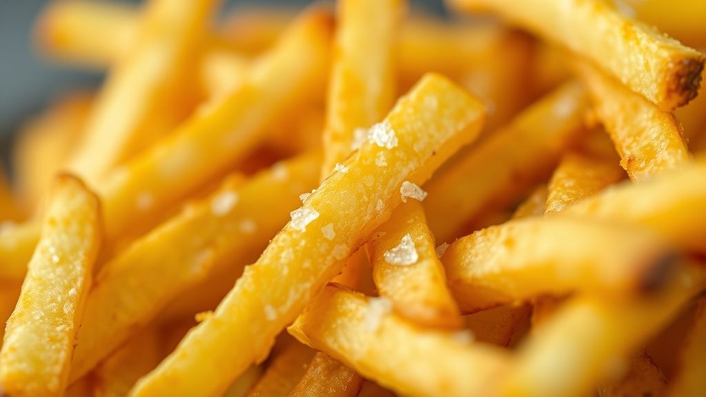 Close-up destacando a textura crocante e o brilho dourado das batatas fritas prontas