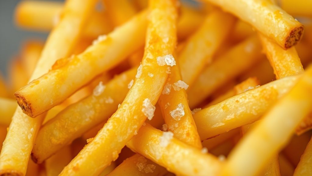 Close-up da batata frita dourada e crocante, destacando textura e cristais de sal.