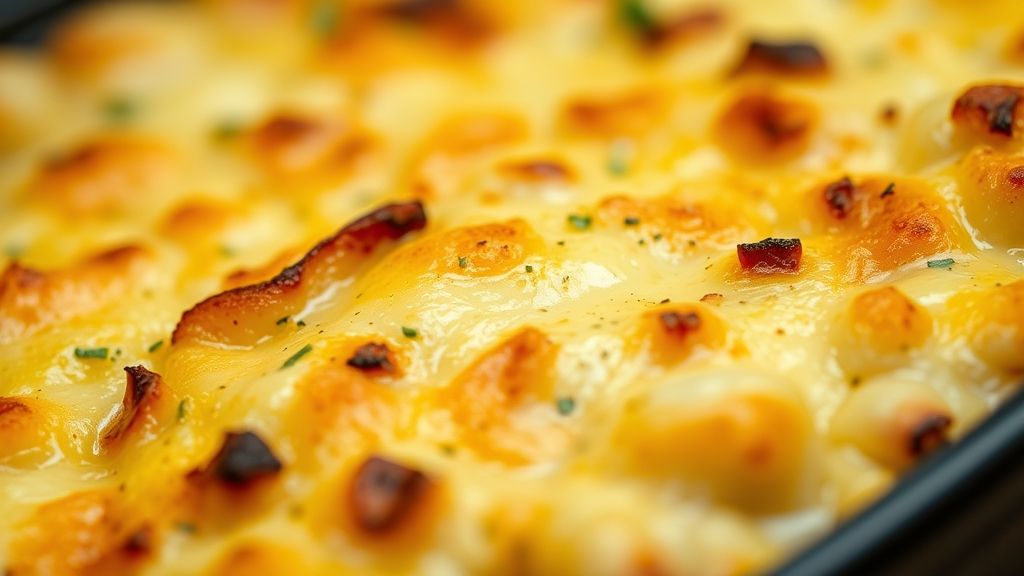 Close-up da batata gratinada com crosta dourada e textura cremosa, destaque para o queijo derretido.