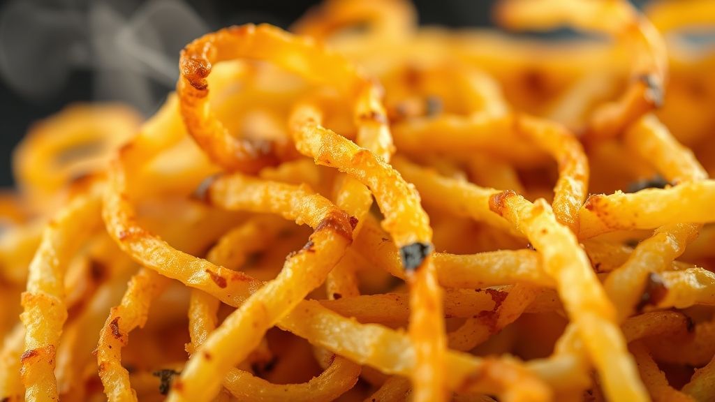 Close-up das batatas palha douradas e crocantes, evidenciando textura e cor.