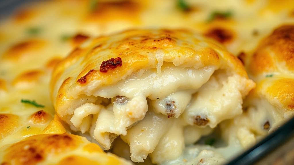 Close-up da camada dourada de queijo gratinado com o recheio cremoso aparecendo