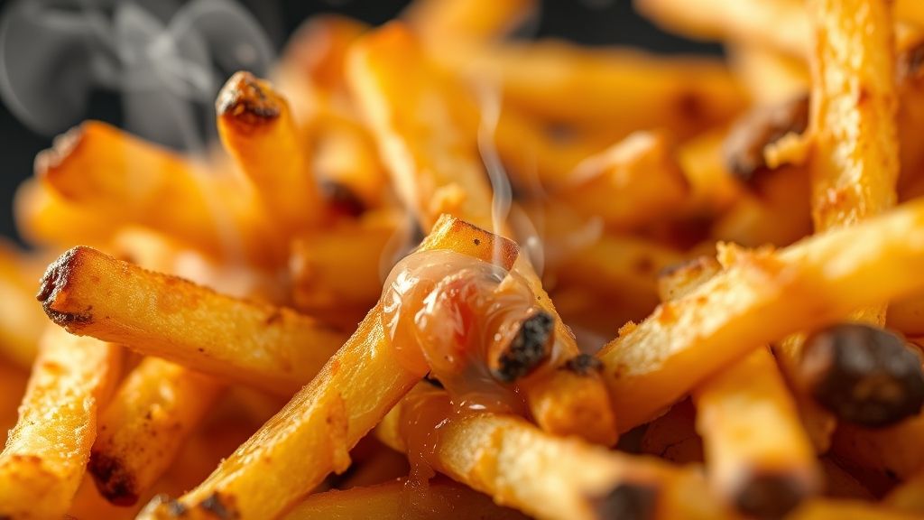 Close-up mostrando a textura crocante e o dourado das batatas recém-saídas do forno