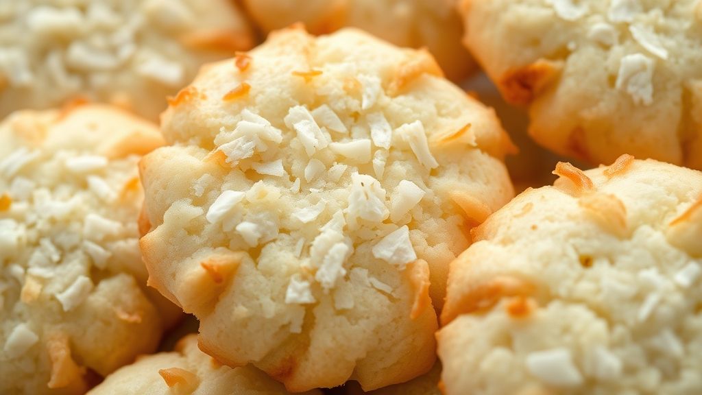 Close-up da textura crocante da bolacha dourada, destacando o coco