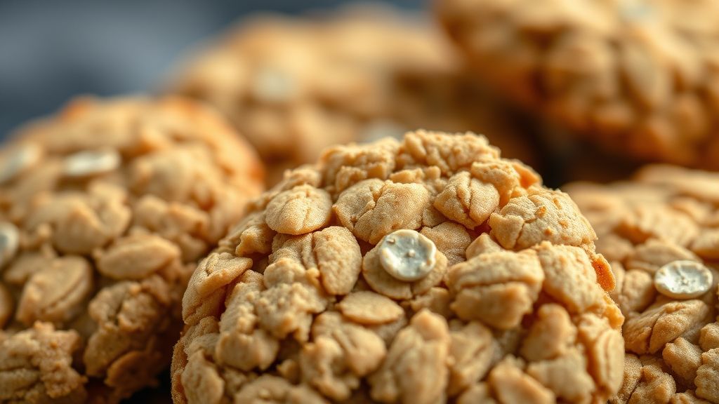 Close-up das bolachas crocantes de aveia assadas, mostrando textura dourada e apetitosa.