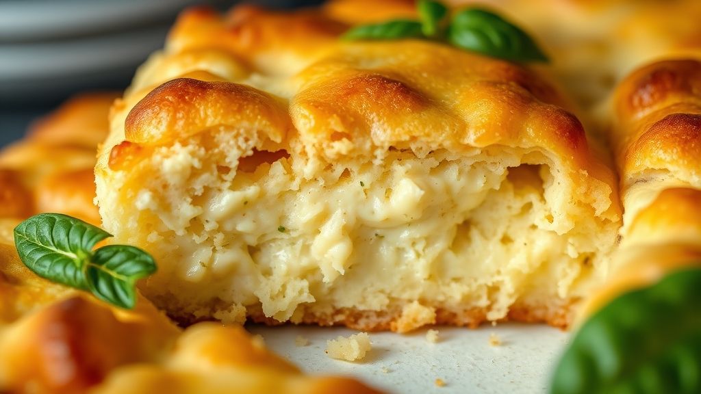 Close-up mostrando a fatia da caçarola com textura cremosa por dentro e crocante por fora.