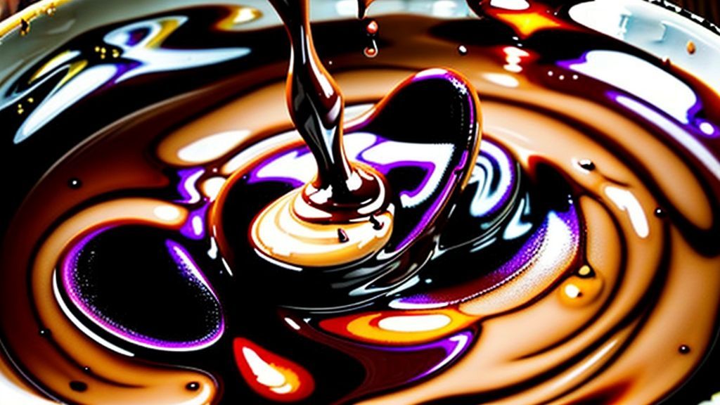 Close-up mostrando a textura brilhante e cremosa da calda ao ser derramada em uma sobremesa