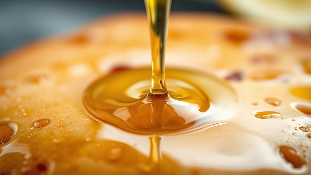 Close-up da calda brilhante sendo derramada em fio sobre bolo, com textura lisa e reflexos dourados