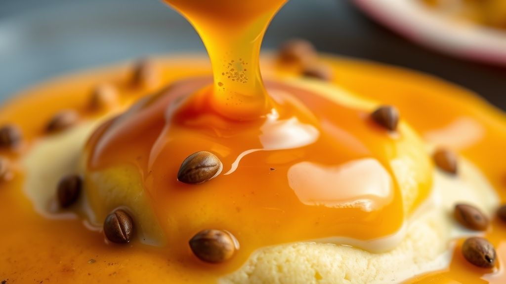 Close-up da calda de maracujá escorrendo sobre mousse, destacando a textura brilhante e as sementes