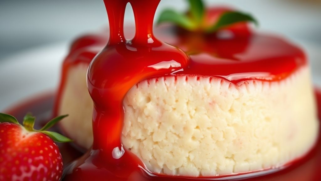 Close-up da calda de morango espessa e brilhante sendo derramada sobre o pudim.