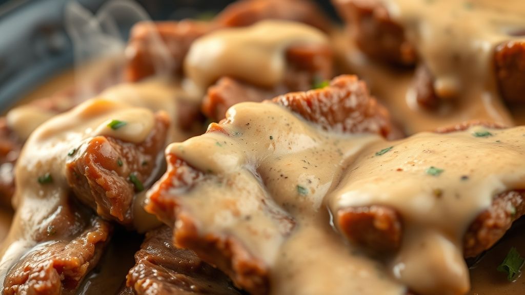 Close-up da carne cremosa no prato, mostrando o molho denso e brilhante cobrindo a carne