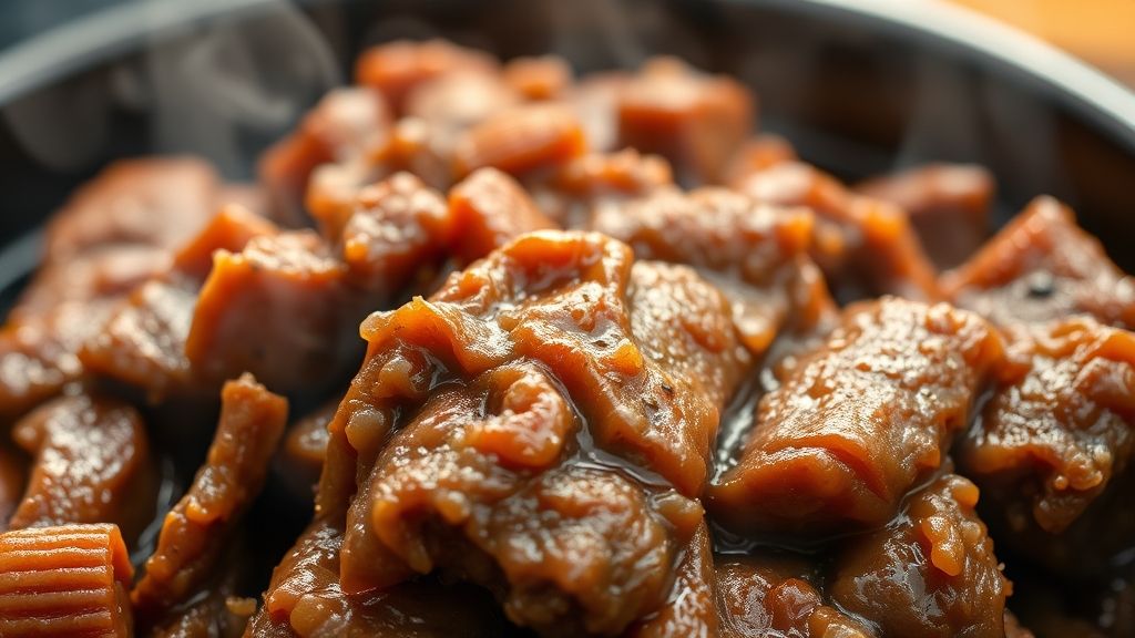 Close-up da carne de panela sem molho, destacando suculência e textura dourada