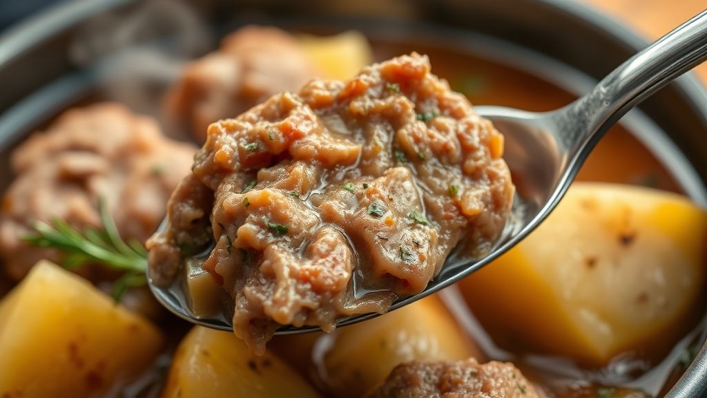 Close-up do prato pronto mostrando a textura da carne suína e das batatas cobertas pelo molho espesso