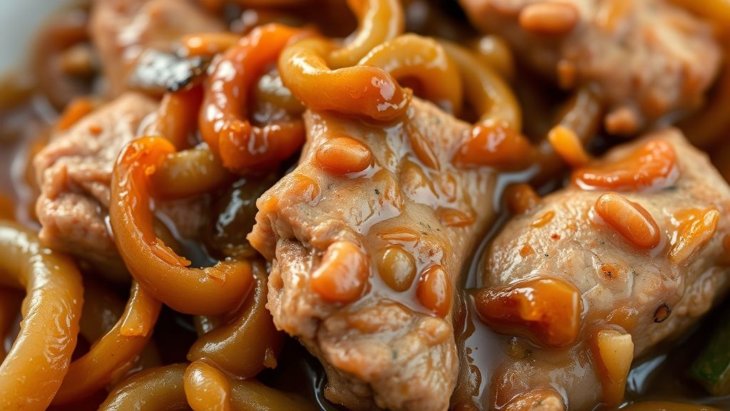 Close-up da carne suína pronta, cebolas caramelizadas e molho espesso brilhante