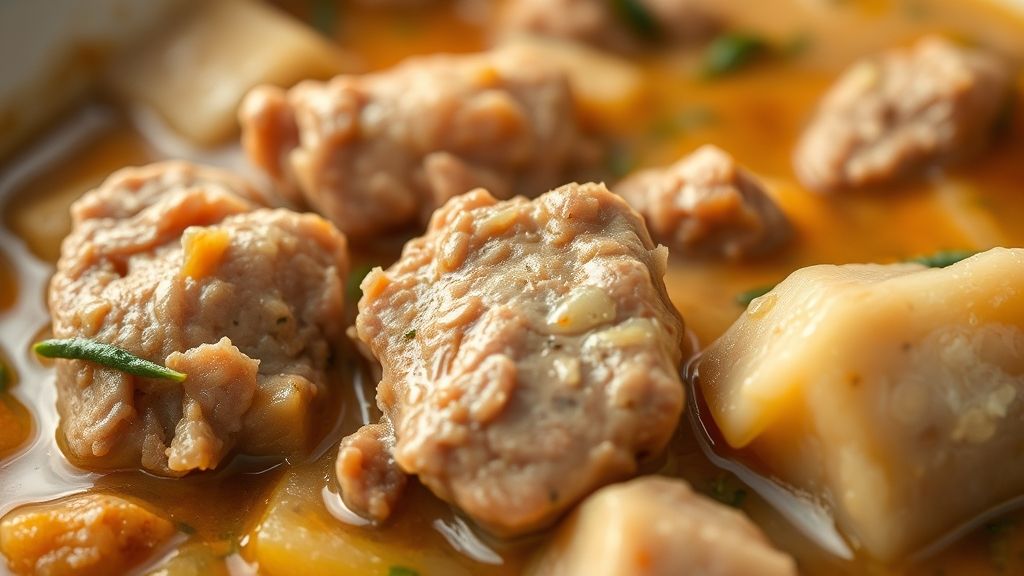 Close-up do ensopado pronto, mostrando a textura cremosa da mandioca e a suculência da carne