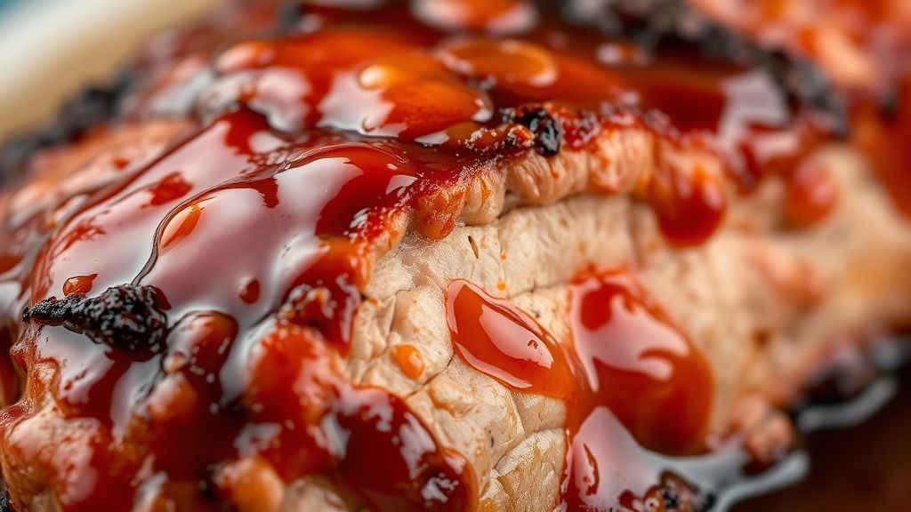 Close-up da carne de porco caramelizada com mel, destacando a textura brilhante e o molho agridoce espesso.