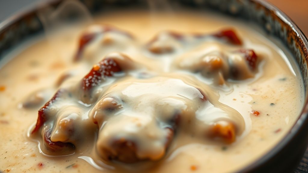 Close-up da carne de sol ao leite com molho espesso e textura cremosa