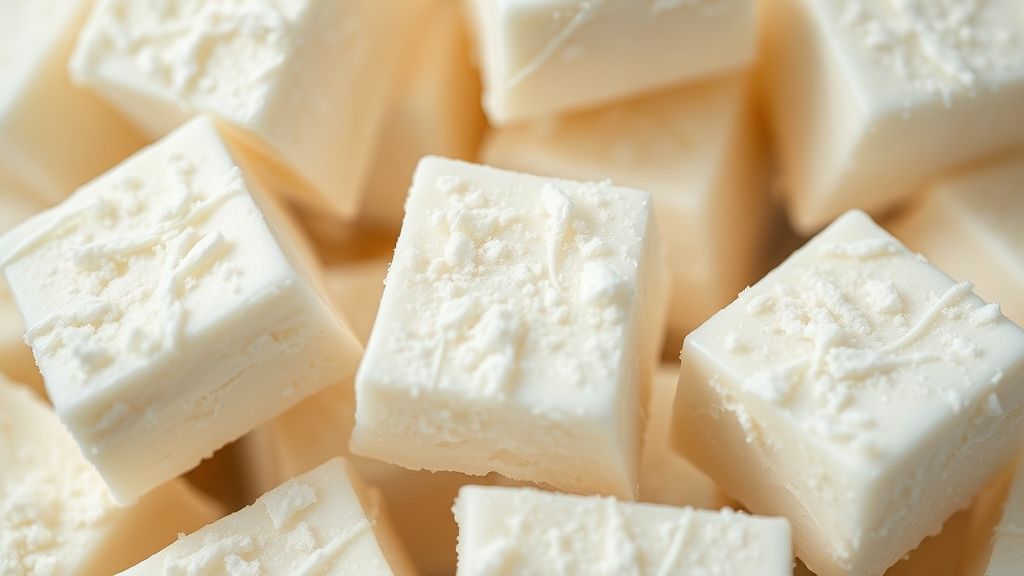 Close-up mostrando textura lisa e corte perfeito dos quadradinhos de cocada