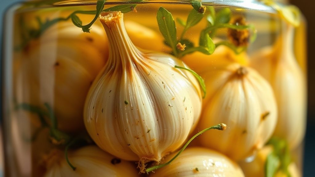 Close-up dos dentes de alho dourados em vinagre claro, com ervas flutuando e textura brilhante