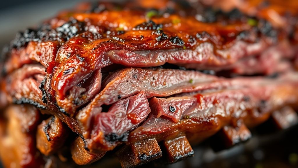 Close-up da costela dourada cortada, mostrando a textura macia e suculenta da carne