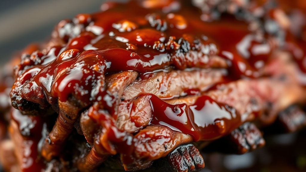 Close-up da costela gaúcha macia e suculenta, destacando a textura da carne e o brilho do molho