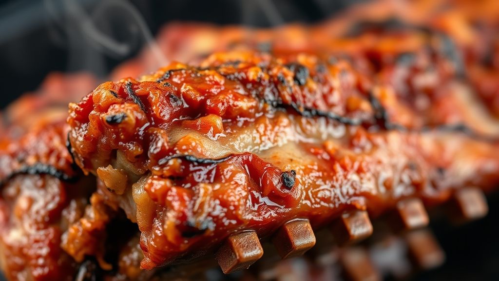 Close-up da costela dourada mostrando textura e suculência, com vapor subindo.