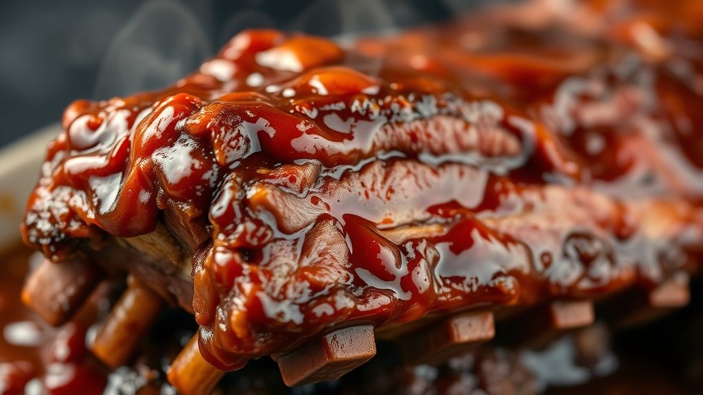 Close-up da costela cozida, mostrando a carne soltando do osso e o molho encorpado