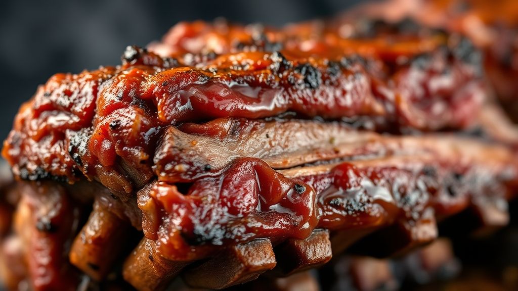 Close-up da costela dourada e suculenta, destacando a textura da carne se soltando do osso