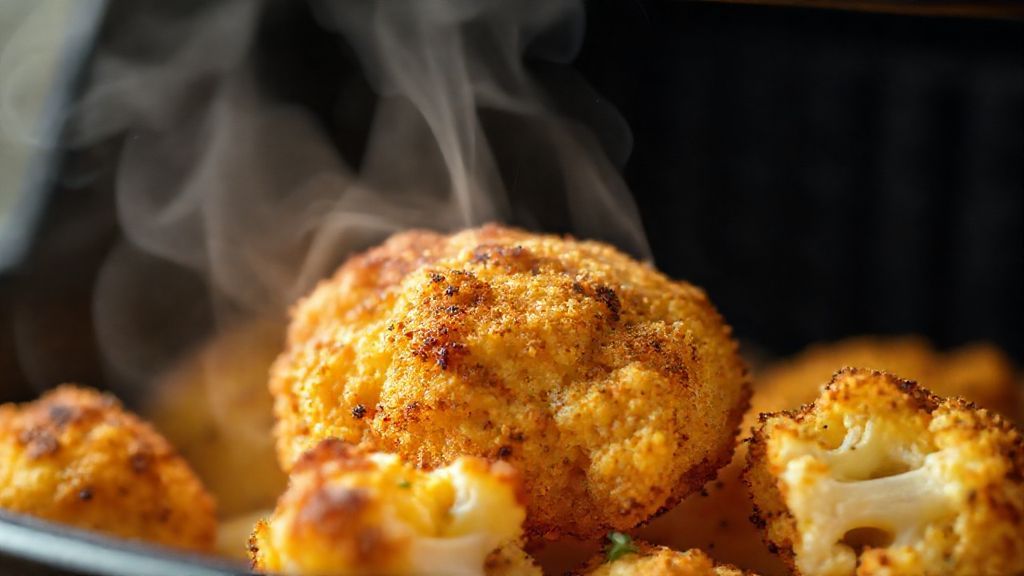 Close-up mostrando a textura crocante e dourada dos floretes de couve-flor empanados.
