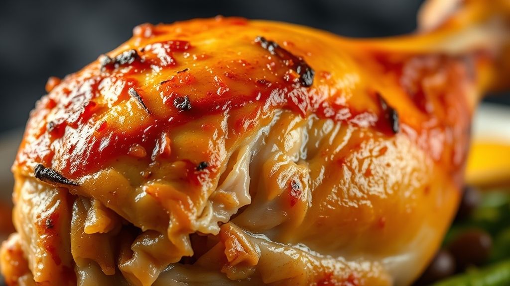 Close-up do frango assado com pele dourada, crocante e suculenta, mostrando a textura e o brilho