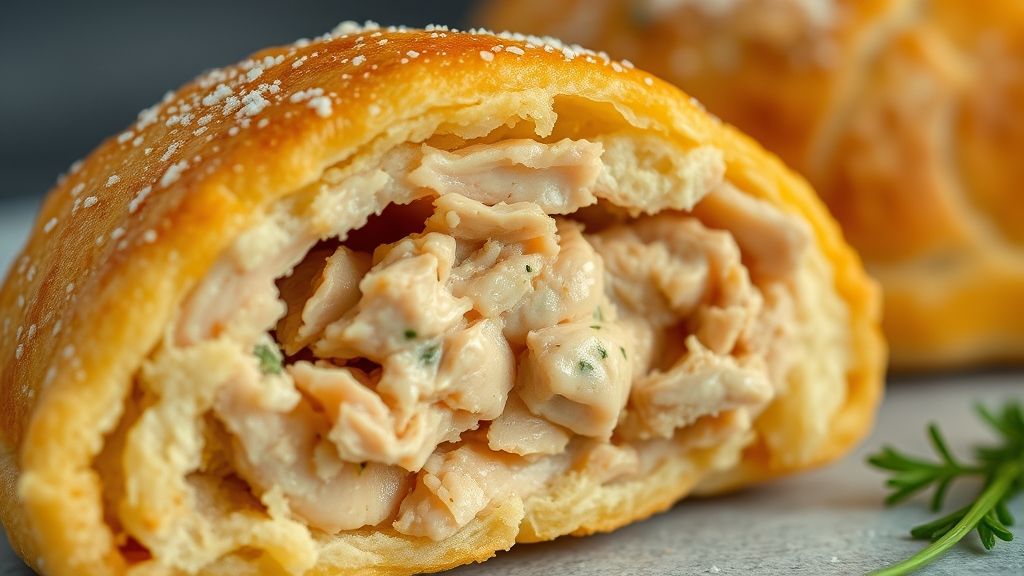 Close-up mostrando a textura crocante e o recheio suculento de frango dentro da coxinha