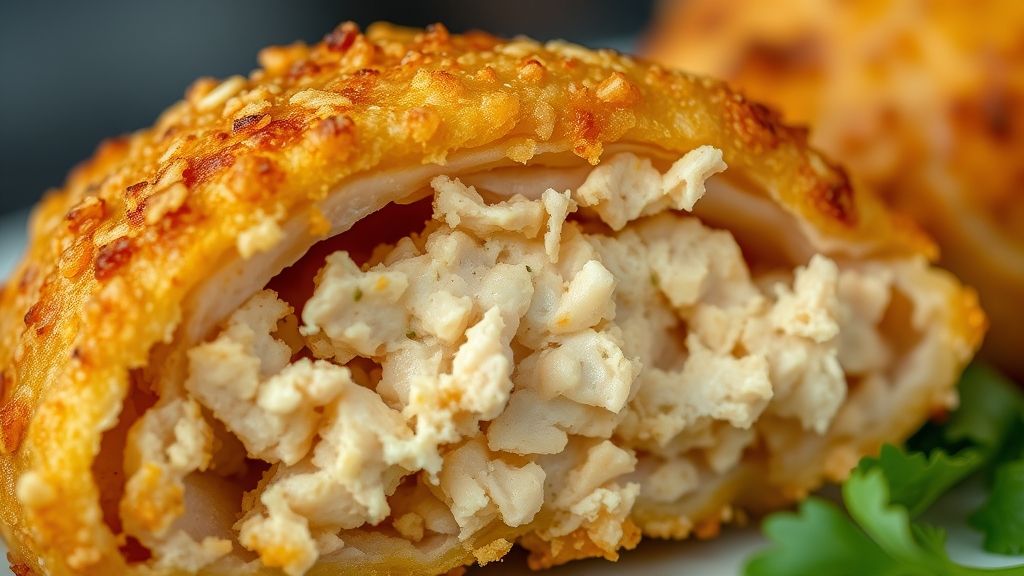 Close-up mostrando a textura crocante e o recheio cremoso da coxinha recém-frita