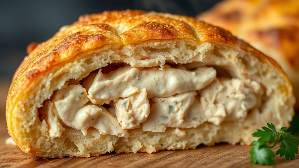 Close-up mostrando a textura crocante da coxinha aberta, revelando o recheio de frango cremoso