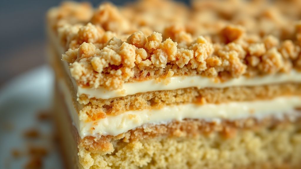 Close-up da fatia de cuca mostrando a camada de massa fofa, recheio cremoso e farofa crocante dourada