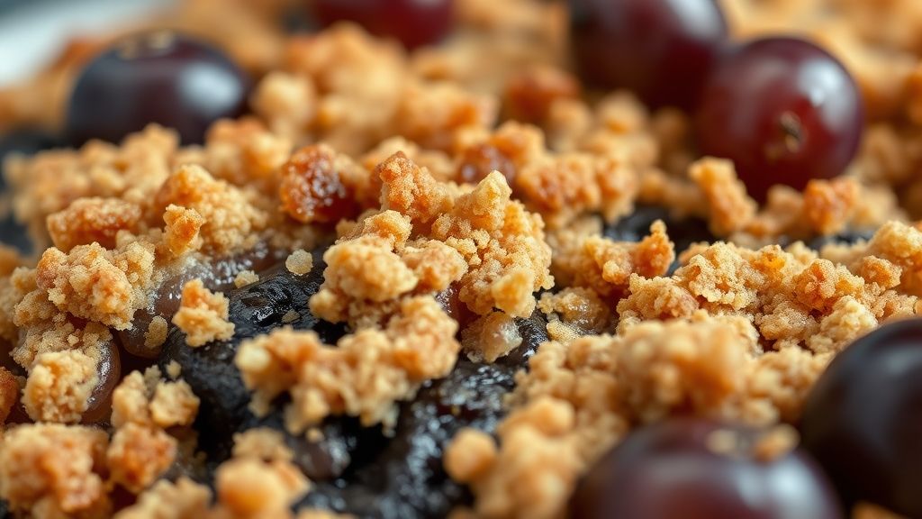 Close-up da cuca de uva recém-assada mostrando textura da farofa e uvas brilhantes