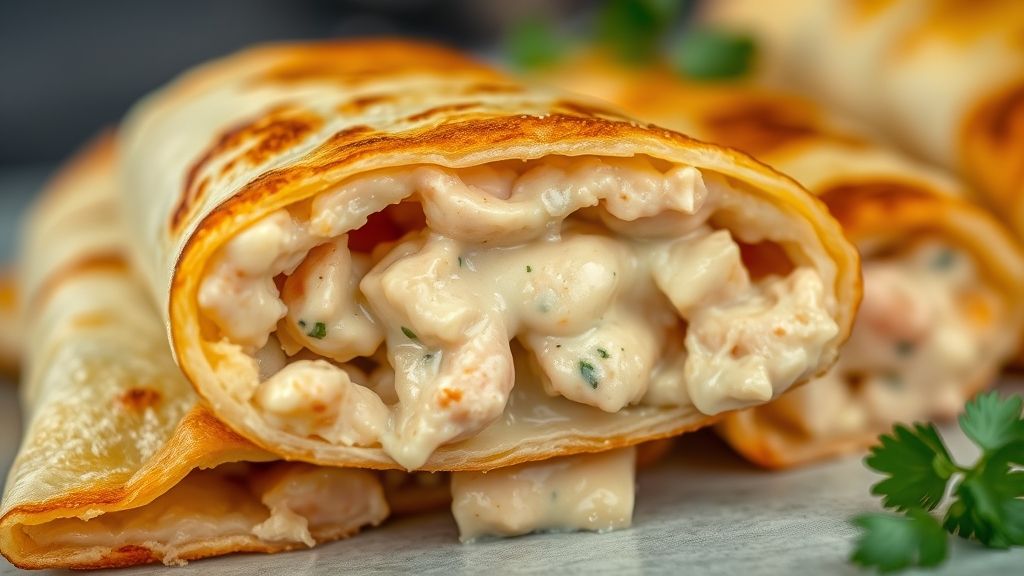 Close-up de uma empadinha cremosa aberta mostrando o recheio cremoso de frango