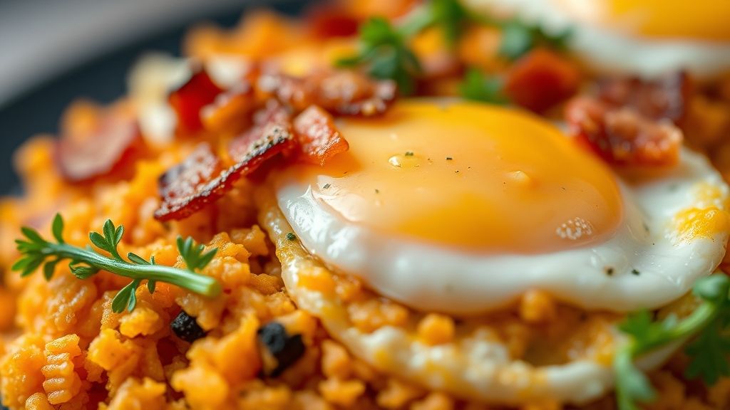 Close-up da farofa crocante recém-preparada, destacando os pedaços de bacon e a cor vibrante da cenoura.