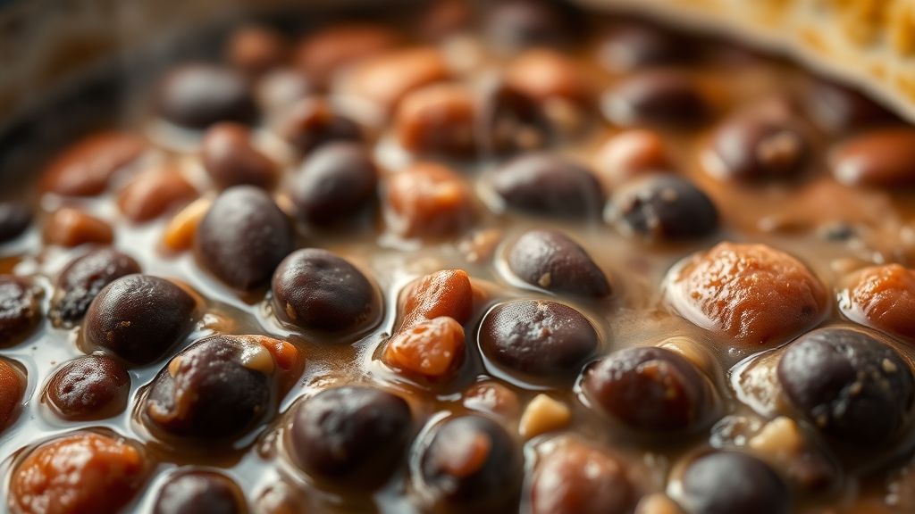 Close-up mostrando a textura cremosa e o caldo espesso da feijoada sem carne de porco