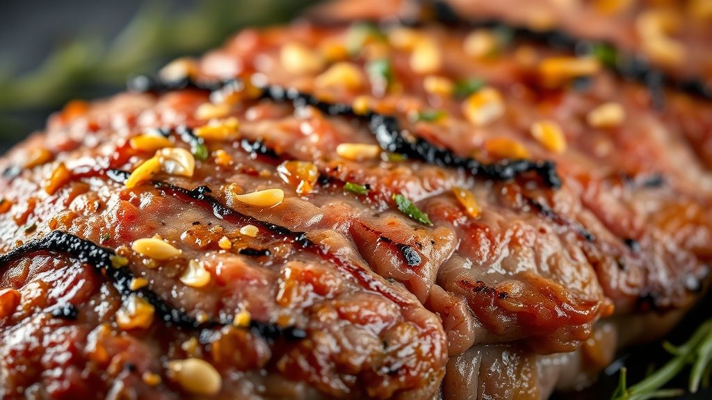 Close-up da fraldinha fatiada, mostrando o interior rosado e o alho crocante na superfície