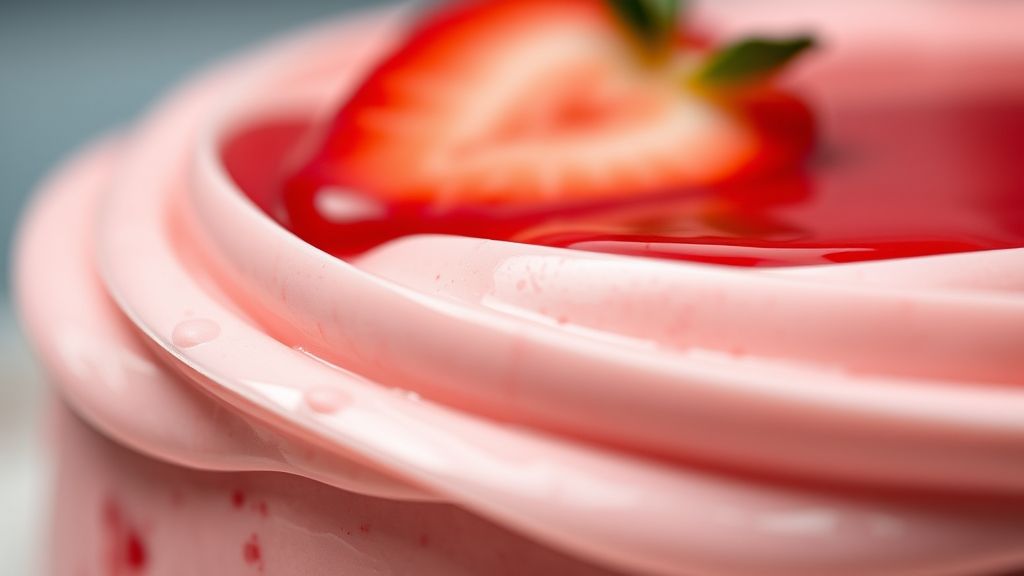 Close-up da ganache de morango pronta, mostrando textura lisa, brilho delicado e cor natural da fruta