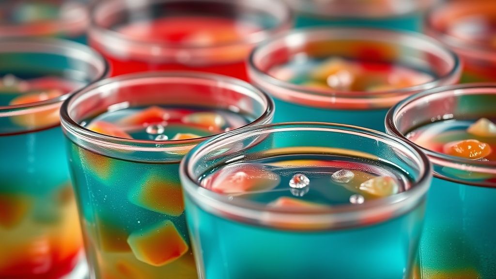 Close-up dos jelly shots com textura firme e brilhante, realçando a translucidez colorida das camadas
