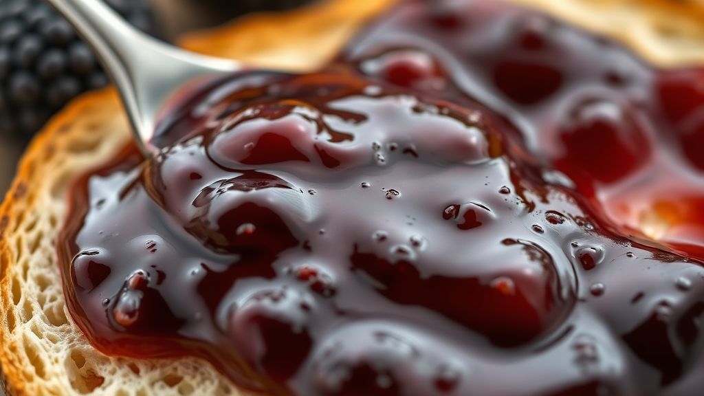 Close-up mostrando a textura brilhante e espessa da geleia de jabuticaba sendo espalhada em uma fatia de pão
