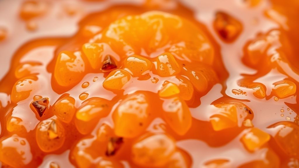 Close-up da geleia no pote mostrando sua textura espessa e brilho dourado