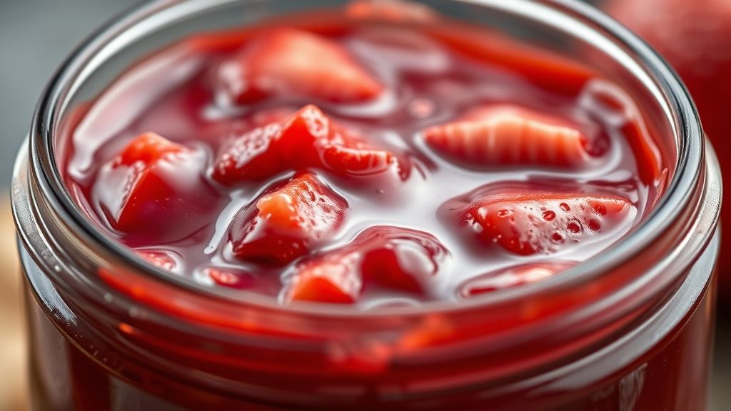 Close-up mostrando a textura brilhante e pedaços de morango na geleia pronta