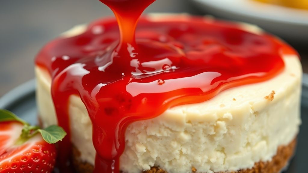 Close-up da geleia espessa e brilhante sendo espalhada sobre o cheesecake frio