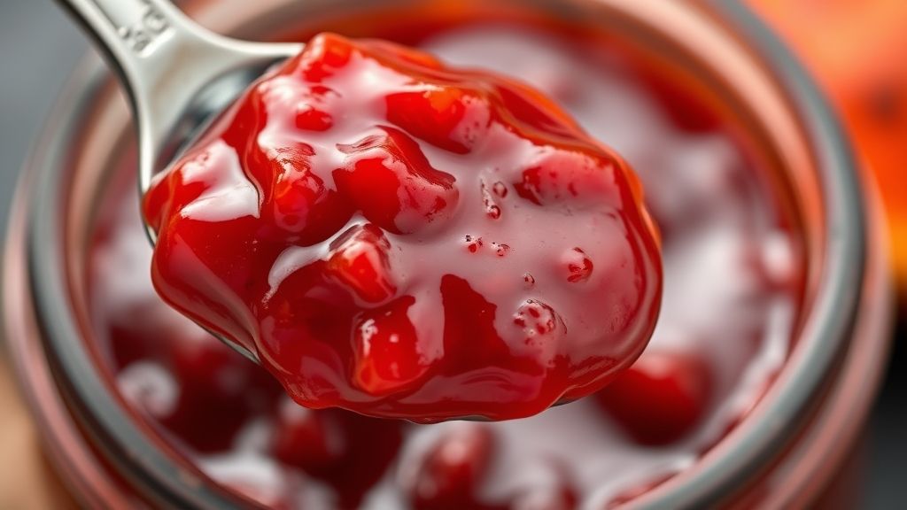 Close-up da geleia de pitanga pronta sendo servida com colher, mostrando sua textura espessa e brilhante