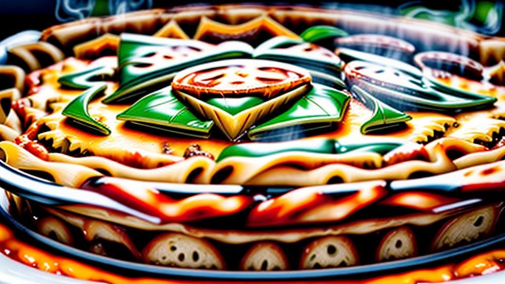 Close-up da lasanha recém-saída do forno, mostrando as camadas gratinadas e cremosas.