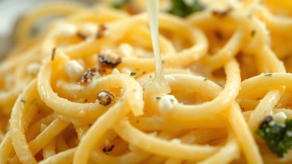 Close-up da macarronada cremosa servida, destacando textura e fios de queijo derretido