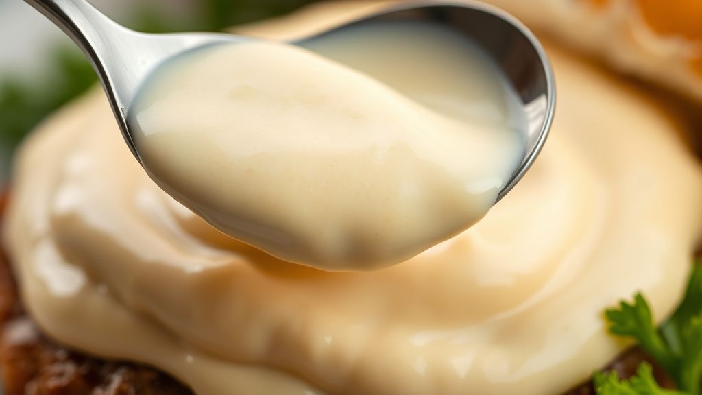 Close-up da maionese cremosa destacando sua textura e brilho, com colher mergulhada