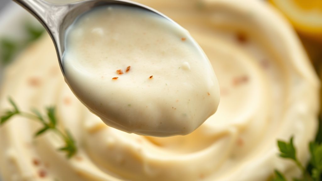 Close-up da maionese cremosa sendo servida com uma colher, destacando sua textura suave