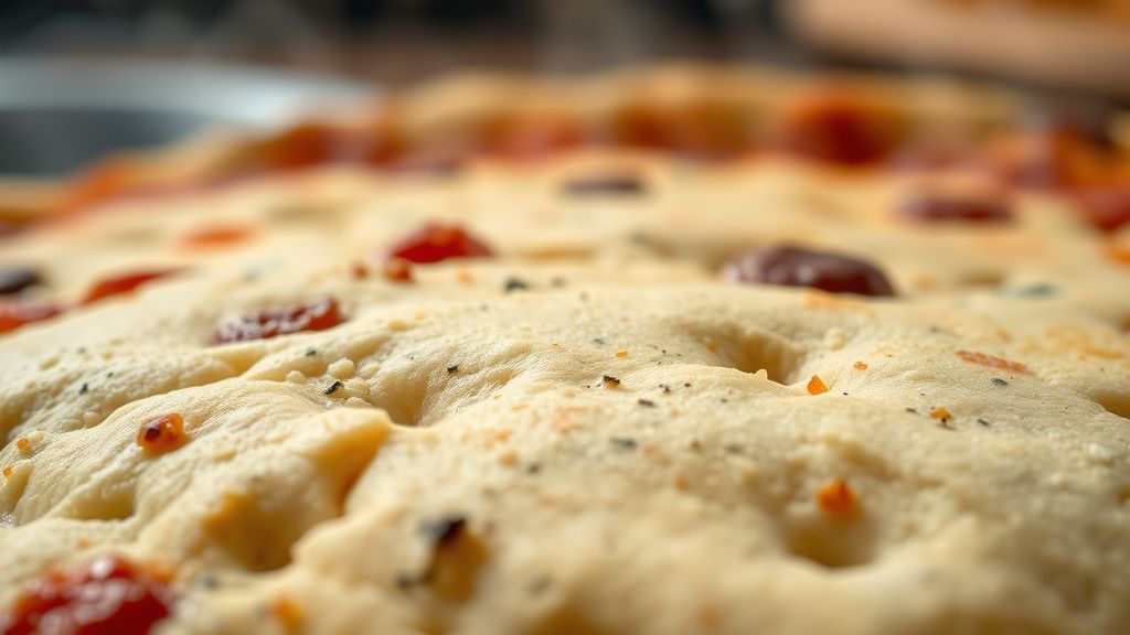 Close-up do disco de massa assado, destacando textura dourada e leve crocância